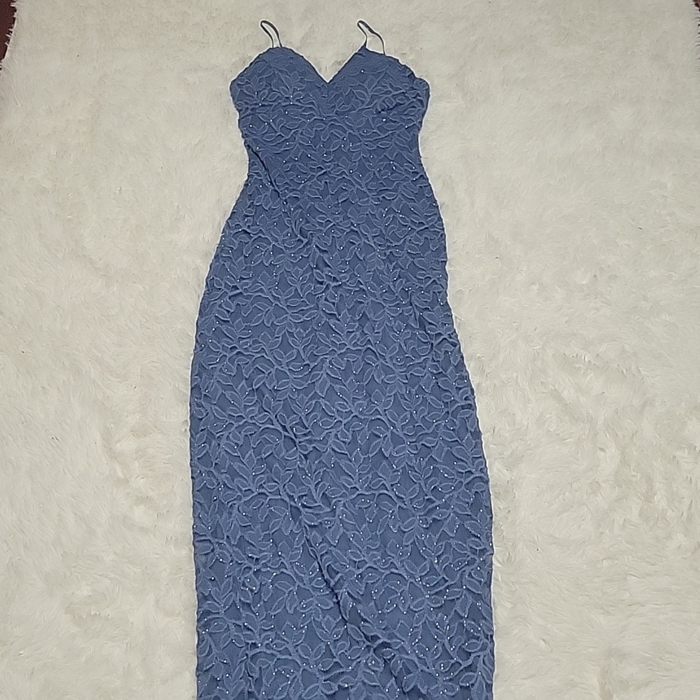 Tight blue lace and sparkly prom dress from windsor.
